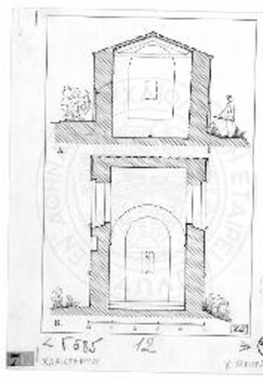 Άγιος Γεώργιος Ανδρούσης. Κατά πλάτος τομή: Α υπάρχουσα κατάστασις και Β αποκατάστασις.