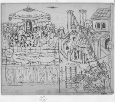 Archev?que Eus?be de Salonique priant devant les reliques de St. D?m?trios (? gauch) et St. D?m?trios refoulant les ennemis de Salonique (? droite), Pe?, ?glise de St. D?m?trios.