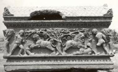 Marble sarcophagus with high relief