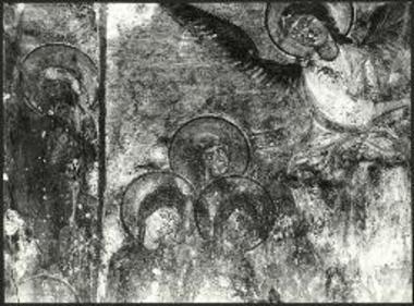 Μίνα, ναός Αγ. Αναργύρων. Λεπτομέρεια των τοιχογραφιών της Καθόδου εις τον Άδην και του Λίθου (Μυροφόρων εις τον Τάφον).