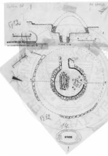 Κάτω: Κάτοψις τάφου Νικητοπούλου 3 μετά του δευτέρου στρώμτος ταφών και των εντός του κτιστού λάκκου ευρεθέντων οστών και το σκελετού. Άνω: Τομή Χ-Ψ του ιδίου τάφου.