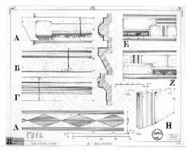 Άγιος Γεώργιος Ανδρούσης. Λεπτομέρειαι. Α περιμετρική λιθίνη ζώνη του κυρίως ναού. Β λιθίνη ζώνη της ανατολικής πλευράς. Γ λιθίνη επίστεψις κόγχης ιερού. Δ ζώνη με κόσμημα εκ ρόμβων. Ε και Ζ λετομέρειαι της τοιχοποιίας. Η απολαξευμένη πλίνθος.