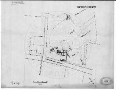 Πρόχειρον τοπογραφικόν διάγραμμα «Χωματερής» Βενέτα. Φ1-3 = Φρέατα. Β1-3 = Βόθροι. Τ 1-7 = Τάφοι. Δ = Πώμα σαρκοφάγου. α-ε = Χώροι ευρέσεως αρχαίων.