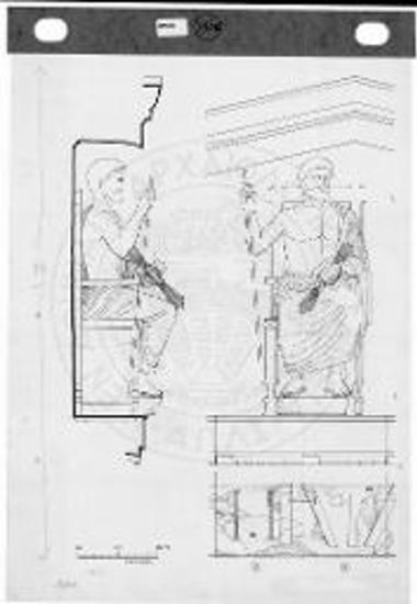 Αναπαράσταση του αγάλματος του Δία του Α. αετώματος: α. Όψη από τα πλάγια δεξιά. β. Η ορατή (κατενώπιον) πλευρά του αγάλματος (σχέδιο Γ. Κιαγιά).