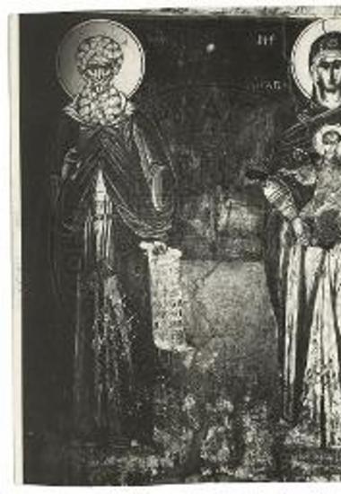 Τοιχογραφίαι του εξωνάρθηκος: αριστερά ο Όσιος Μελέτιος, δεξιά η Παναγία.