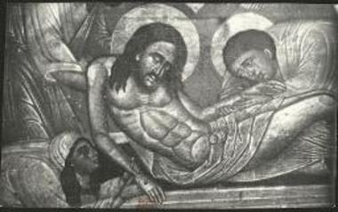 Ο επιτάφιος. Εικών 17ου - 18ου αιώνος εκ του εν Χώρα Νάξου ναού της «Παναγίας του Χριστού». Λεπτομέρεια της αναγλύφου εικόνος.