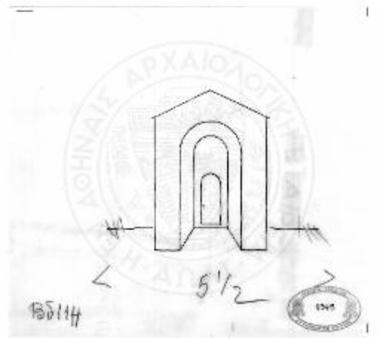 Αναπαράστασις της εισόδου του αρχικού θαλάμου, πυρήνος του διγαμματοειδούς διαδρόμου.