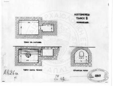 Κάτοψις, τομή κατά μήκος και τομή κατά πλάτος τάφου Β.