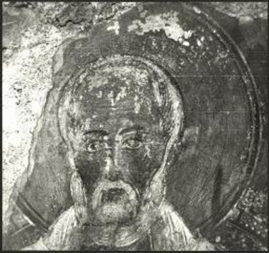 Κουνιώτικη Άνω Πούλα, ναός Αγίου Φιλίππου. Κεφαλή αγίου Νικολάου, λεπτομέρεια τοιχογραφίας.