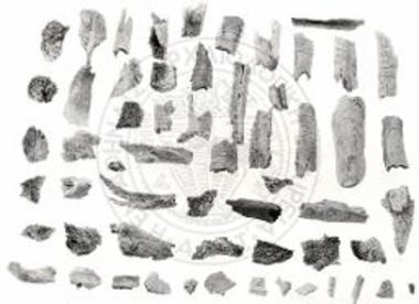 Περατή. Το νεκροταφείον. Οστά του τάφου 157 εμφανίζοντα διαφόρους βαθμούς καύσεως, από της ατελεστέρας (άνω αριστερά) μέχρι της πλήρους σχεδόν απασβεστώσεως (κάτω δεξιά).