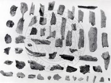 Περατή. Το νεκροταφείον. Οστά του τάφου 157 εμφανίζοντα διαφόρους βαθμούς καύσεως, από της ατελεστέρας (άνω αριστερά) μέχρι της πλήρους σχεδόν απασβεστώσεως (κάτω δεξιά).