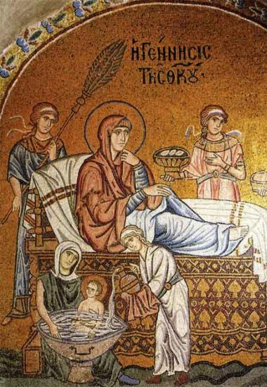 Η παράσταση της Γέννησης της Θεοτόκου από το καθολικό της μονής Δαφνίου.