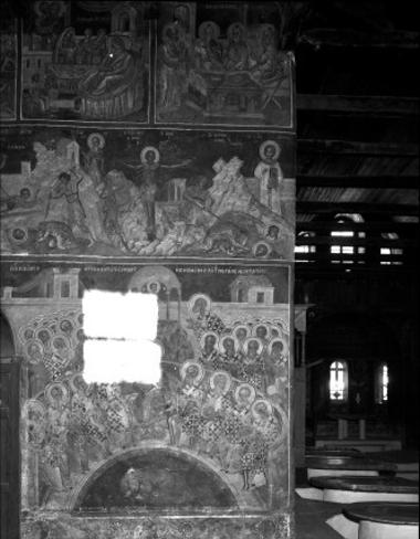 Μονή Μεγίστης Λαύρας, Τράπεζα, Ν. σκέλος. Τοιχογραφίες του Δ. τοίχου, Α΄ Οικουμενική Σϋνοδος κ.ά. (13-16, 18)