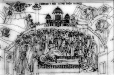 Μονή Μεγίστης Λαύρας, Τράπεζα, Β. σκέλος. Σχέδιο τοιχογραφιών Β. τοίχου, η Κοίμησις του οσίου Αθανασίου του Αθωνίτη (129)