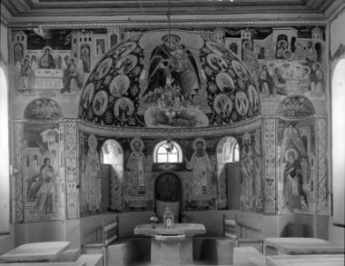 Μονή Βατοπεδίου, Τράπεζα, Δ. σκέλος, Δ. τοίχος. Τοιχογραφίες της αψίδας και του μετώπου της (2-15)