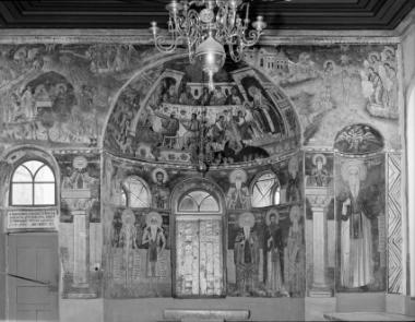 Μονή Βατοπεδίου, Τράπεζα, Ν. σκέλος. Τοιχογραφίες της αψίδας και του μετώπου της (22-38)