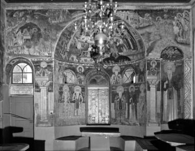 Μονή Βατοπεδίου, Τράπεζα, Ν. σκέλος. Τοιχογραφίες της αψίδας και του μετώπου της (22-38)