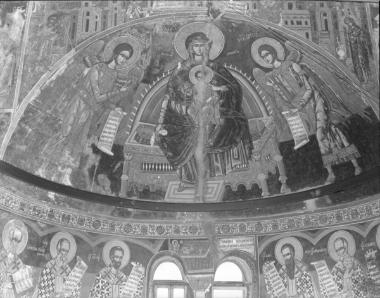 Μονή Δοχειαρίου, Τράπεζα, Ν. σκέλος. Τοιχογραφίες Ν. τοίχου, Αψίδα (κόγχη 
