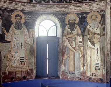 Μονή Βατοπεδίου, Τράπεζα, Ν. σκέλος. Τοιχογραφίες Δ. τοίχου, κόγχη ηγουμένου (12-14)