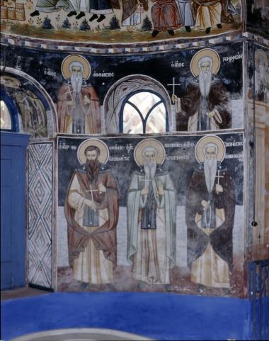 Μονή Βατοπεδίου, Τράπεζα, Δ. σκέλος. Τοιχογραφίες Β. τοίχου, κόγχη (59, 60, 64-66)