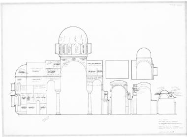 Μονή Ιβήρων, Καθολικό. Κατά μήκος τομή στον άξονα του ναού. Αναγραφή των εικονογραφικών θεμάτων