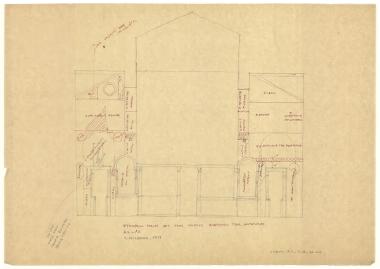 Ναός Πρωτάτου. Κατά πλάτος τομή στους χόρους Α2-Α2 με αναγραφή εικονογραφικών θεμάτων