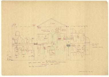Ναός Πρωτάτου. Κατά μήκος τομή Β2-Β2 δια των βόρειων διαμερισμάτων με αναγραφή εικονογραφικών θεμάτων