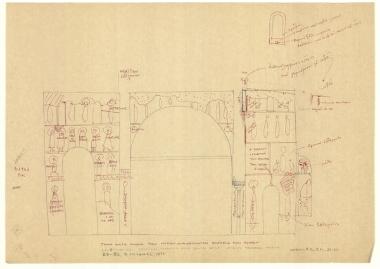Ναός Πρωτάτου. Κατά μήκος τομή Β3-Β3 δια των νότιων διαμερισμάτων με αναγραφή εικονογραφικών θεμάτων