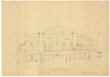 Ναός Πρωτάτου. Κατά μήκος τομή Ν3-Ν3 δια των νότιων διαμερισμάτων με αναγραφή εικονογραφικών θεμάτων