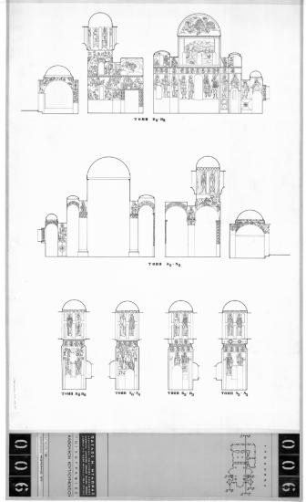 Μονή Κουτλουμουσίου, Καθολικό. Κατά μήκος τομή Β2-Β2 δια μέσου της πρόθεσης του Β.Α. διαμερίσματος, του κυρίως ναού, της Λιτής και του εξωνάρθηκα. Κατά μήκος τομή Ν2-Ν2 δια μέσου της πρόθεσης του κυρίως ναού, της Λιτής και του εξωνάρθηκα. Τομή Β6-Β6 στο β