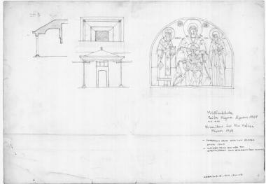 Καρυές, Χελανδαρινός ναός Μολυβοκκλησιάς. Παράσταση πάνω από την θύρα εισόδου στο ναό εξωτερικά. Παναγία ένθρονη βρεφοκρατούσα, Άγιος Σάββας και Άγιος Συμεών. Κάτοψη όψη και τομή στεγάστρου πρό της εισόδου