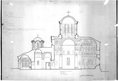 Μονή Κουτλουμουσίου, Καθολικό. Τομή Β1-Β1. Κατά μήκος τομή στον άξονα του ναού