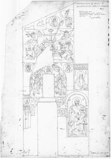 Ναός Πρωτάτου. Κατά πλάτος τομή Α2-Α2 στους χόρους. Ανατολικός τοίχος βόρειου χόρου