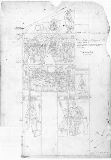 Ναός Πρωτάτου. Κατά πλάτος τομή Δ2-Δ2 στους χόρους. Δυτικός τοίχος νότιου χόρου