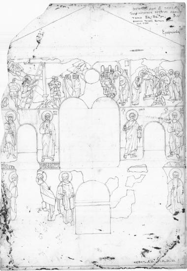 Ναός Πρωτάτου. Κατά μήκος τομή Β2-Β2. Ο βόρειος τοίχος του βόρειου χόρου