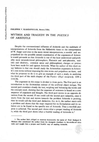 Mythos and Tragedy in the Poetics of Aristotle
