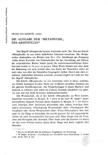 Die Aufgabe der «Metaphysik» des Aristoteles