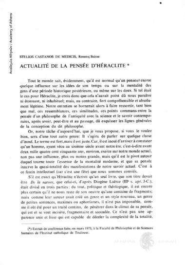 Actualité de la Pensée d' Héraclite