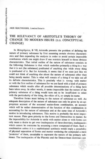 The Relevancy of Aristotle' s Theory of Change to Modern Issues (e.g. Coceptual Change)