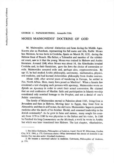Moses Maimonides' Doctrine of God