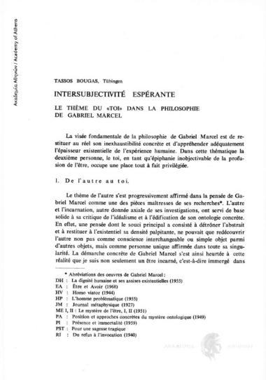 Intersubjectivité espérante. Le thème du «toi» dans la philosophie de Gabriel Marcel