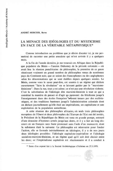 La menace des idéologies et du mysticisme en face de la véritable métaphysique