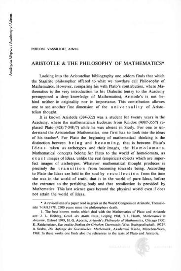Aristotle and the Philosophy of Mathematics