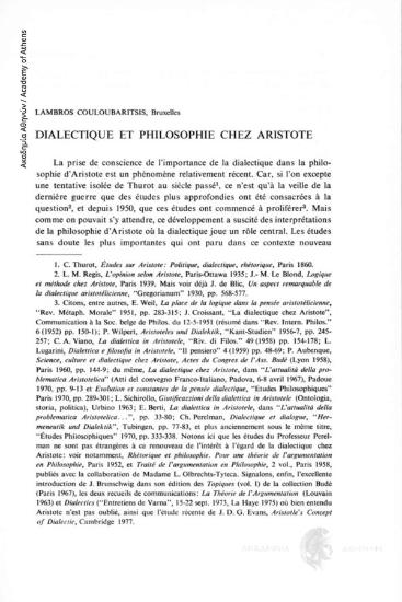 Dialetique et Philosophie chez Aristote