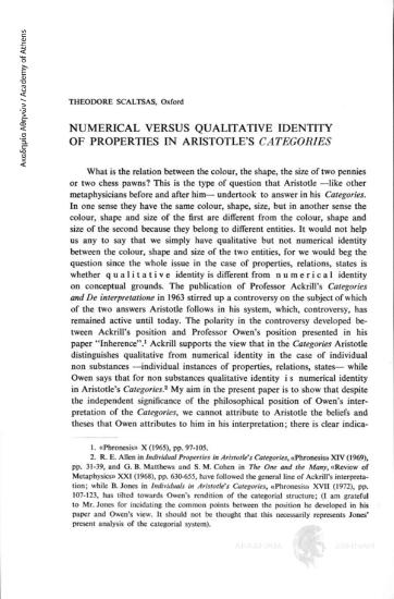 Numerical versus Qualitative Identity of Properties in Aristotle' s Categories