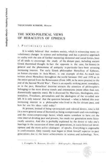 The Socio-Political Views of Heraclitus of Ephesus