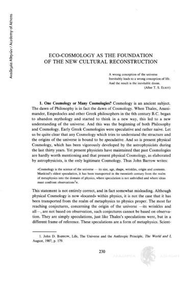 Eco-Cosmology as the Foundation of the Cultural Reconstruction