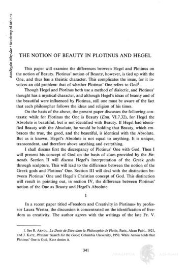 The notion of Beauty in Plotinus and Hegel