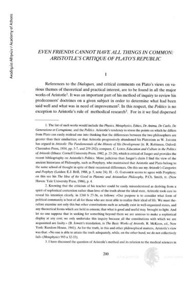 Even friends cannot have all things in common: Aristotle' s critique of Plato' s Republic