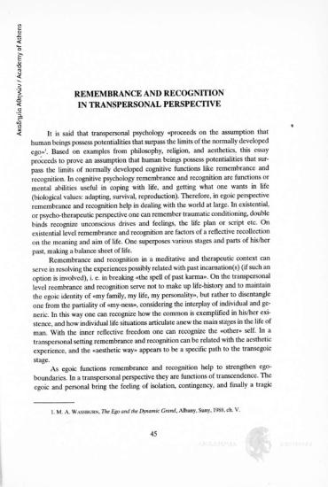 Remembrance and Recognition in Transpersonal Perspective